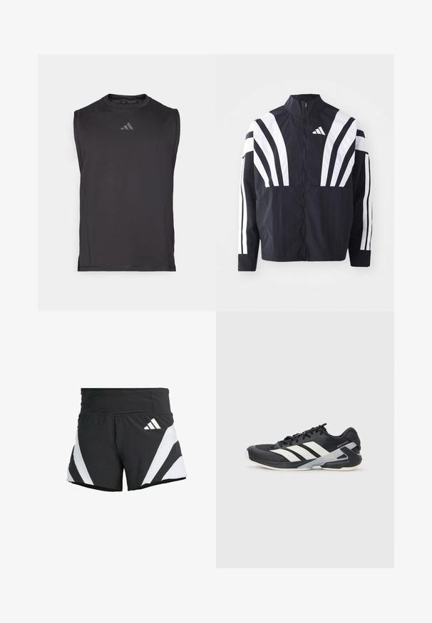 Fekete dzseki magas gallérral, teljes cipzárral és merész, fehér, átlós csíkokkal az ujjakon. Könnyű anyagból készült, sima tapintással.; Fekete ujjatlan sportpóló sima anyagból, kerek nyakkivágással és diszkrét logóval az elején.; adidas Performance ADIZERO A M - Sport rövidnadrágok - black; Fekete sportcipő fehér csíkokkal, hálós felsőrész, kerek orr és párnázott talp. Texturált sarokkal és biztonságos fűzőrendszerrel rendelkezik.