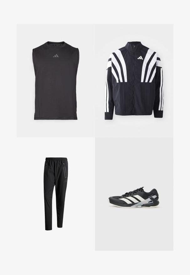 Black jacket featuring a high collar, full zip, and bold white diagonal stripes on sleeves. Made from lightweight fabric with a smooth texture.; Black sleeveless athletic shirt made of smooth fabric, featuring a round neckline and subtle logo detail on the front.; Black athletic pants with an elastic waistband, two zippered side pockets, tapered legs, and a subtle logo detail on the hip.; Black athletic shoe with white stripes, mesh upper, rounded toe, and cushioned sole. Features a textured heel and secure lacing system.