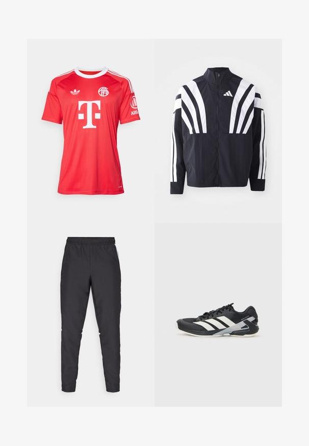 Black jacket featuring a high collar, full zip, and bold white diagonal stripes on sleeves. Made from lightweight fabric with a smooth texture.; adidas Performance FC BAYERN 2025/2026 THIRD GOALKEEPER JERSEY - Club wear - pure ruby; Black athletic pants with an elastic waistband, tapered legs, and white side accents. Made of synthetic material with a smooth texture.; Black athletic shoe with white stripes, mesh upper, rounded toe, and cushioned sole. Features a textured heel and secure lacing system.