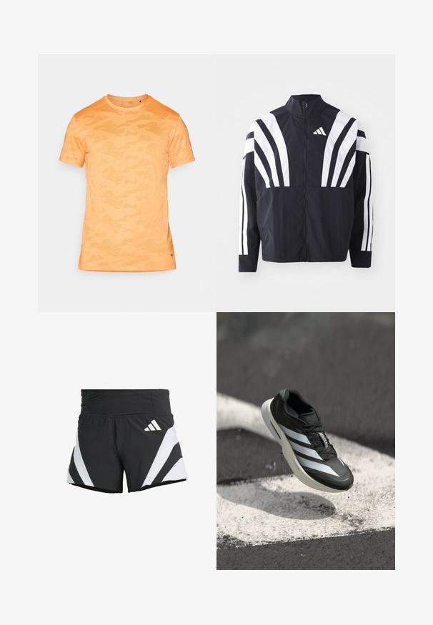 Casaco preto com colarinho alto, fecho completo e listras diagonais brancas em bold nas mangas. Feito de um tecido leve com uma textura suave.; Camiseta de manga curta com padrão camuflado laranja, gola redonda e tecido texturizado discreto. Detalhe de fenda lateral na bainha. Design leve.; adidas Performance ADIZERO A M - Calções desportivos - black; Sapatilha atlética preta com três riscas brancas, upper texturizado, design elegante e sola curva, posicionada acima de uma linha branca em asfalto.