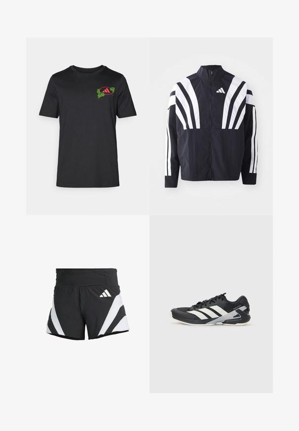 Svart jacka med hög krage, full dragkedja och djärva vita diagonala ränder på ärmarna. Tillverkad av lätt tyg med en slät struktur.; Svart bomull t-shirt med rund hals. Har en livlig grön och röd grafisk design på vänster bröst, som inkluderar palmblad och logotyp.; adidas Performance ADIZERO A M - Träningsshorts - black; Svart atletisk sko med vita ränder, mesh-övre, rund tå och dämpad sula. Har en strukturerad häl och ett säkert snörningssystem.