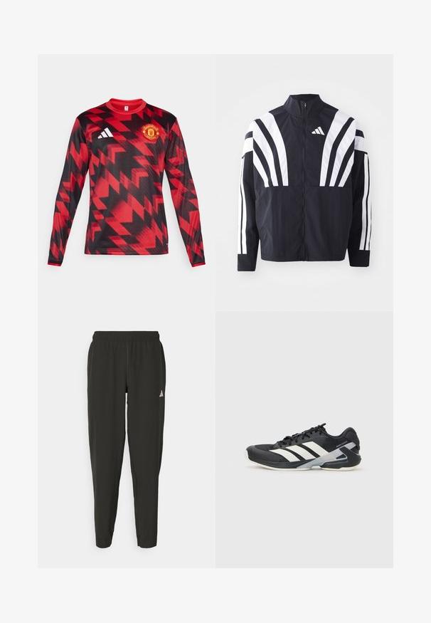 Juodas švarkas su aukštu kaklu, pilnu užtrauktuku ir ryškiomis baltomis įstrižomis juostelėmis ant rankovių. Pagamintas iš lengvos medžiagos su lygiu paviršiumi.; Ilga rankovė raudona džersis su juodais geometriniais raštais, puošiamas išsiuvinėtu Mančesterio „United“ logotipu ir trimis baltais juostelėmis ant peties.; Juodos sportinės kelnės su elastingu liemeniu, siauro kirpimo, baltu logotipu kairėje kojoje. Lygus, lengvas audinys.; Juoda sportinė avalynė su baltais dryžiais, tinklinis viršus, apvalus pirštas ir paminkštinta padais. Yra tekstūruota kulno dalis ir saugi raištelių sistema.