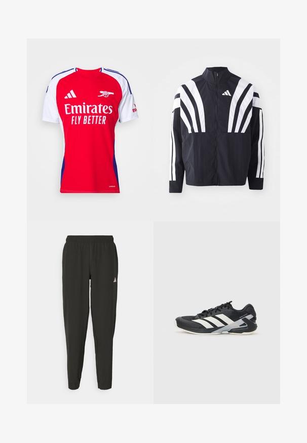 Svart jakke med høy krage, hel glidelås og markante hvite skråstriper på ermene. Laget av lett stoff med en glatt tekstur.; Rød og hvit atletisk skjorte med korte ermer, med rund hals, blå detaljer og "Emirates Fly Better"-logoen over brystet.; Svarte treningbukser med elastisk midje, slim fit, og hvit logo på venstre bein. Glatt, lett stoff.; Svart treningssko med hvite striper, mesh-overdel, avrundet tå og polstret såle. Har en teksturert hæl og et sikkert snøresystem.