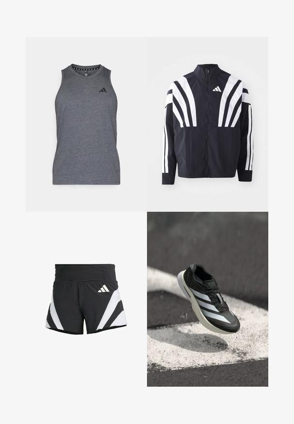 Black jacket featuring a high collar, full zip, and bold white diagonal stripes on sleeves. Made from lightweight fabric with a smooth texture.; Gray athletic tank top made from a lightweight fabric, featuring a round neckline and black brand logo on the left chest area.; adidas Performance ADIZERO A M - Sports shorts - black; Black athletic shoe featuring three white stripes, textured upper, sleek design, and a curved sole, positioned above a white line on asphalt.