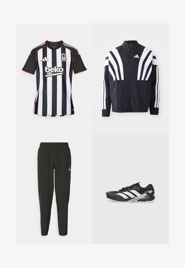 Juodas švarkas su aukštu kaklu, pilnu užtrauktuku ir ryškiomis baltomis įstrižomis juostelėmis ant rankovių. Pagamintas iš lengvos medžiagos su lygiu paviršiumi.; adidas Performance BESIKTAS 25/26 AWAY JERSEY - Futbolo marškinėliai - black; Juodos sportinės kelnės su elastingu liemeniu, siauro kirpimo, baltu logotipu kairėje kojoje. Lygus, lengvas audinys.; Juoda sportinė avalynė su baltais dryžiais, tinklinis viršus, apvalus pirštas ir paminkštinta padais. Yra tekstūruota kulno dalis ir saugi raištelių sistema.