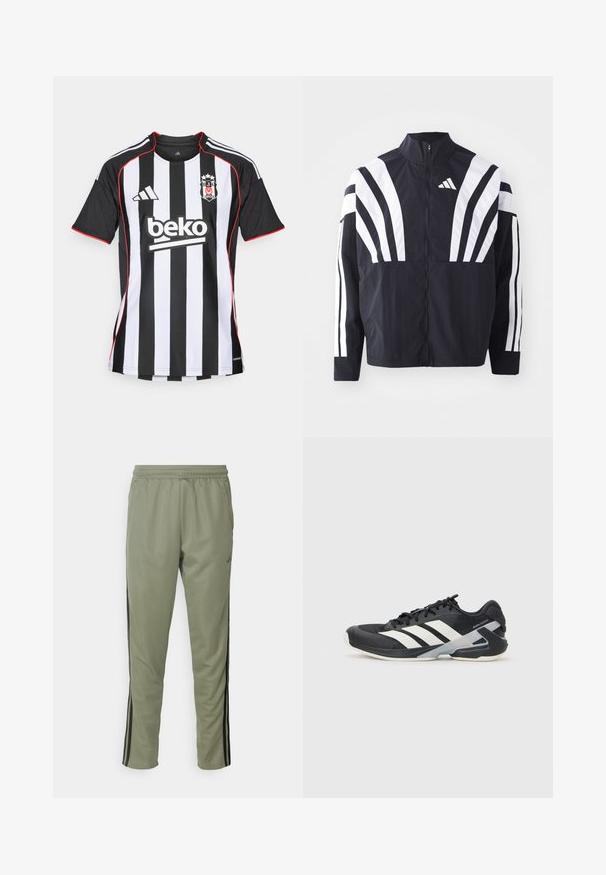 Casaco preto com colarinho alto, fecho completo e listras diagonais brancas em bold nas mangas. Feito de um tecido leve com uma textura suave.; adidas Performance BESIKTAS 25/26 AWAY JERSEY - Camisola de futebol - black; adidas Performance TRAIN ESSENTIALS 3-STRIPES - Calças de fato de treino - silver pebble/black; Sapata atlética preta com riscas brancas, parte superior em malha, biqueira arredondada e sola acolchoada. Apresenta um calcanhar texturizado e um sistema de atacadores seguro.