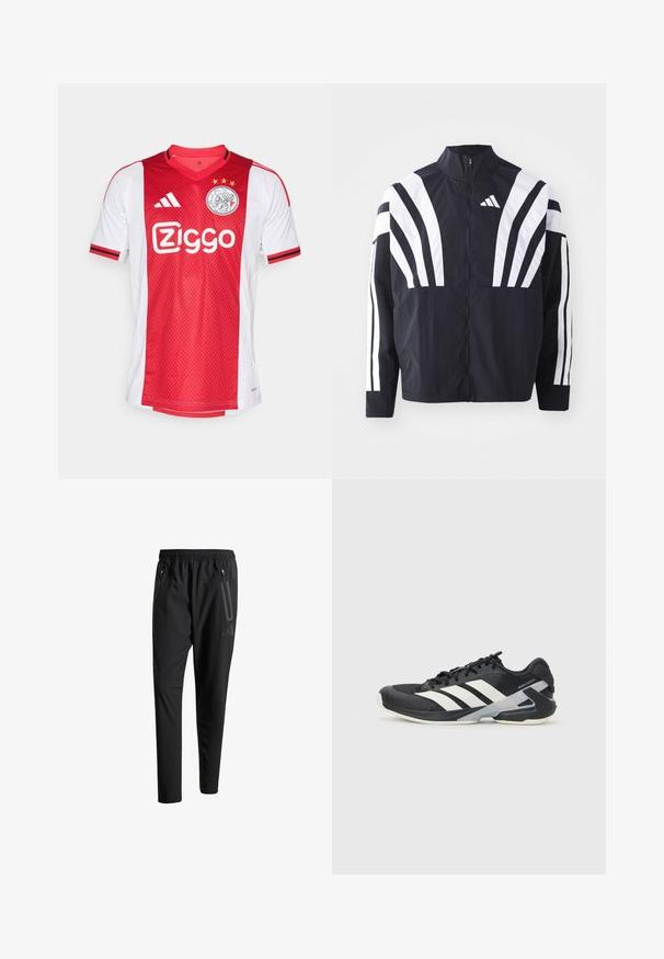 Veste noire avec un col montant, fermeture éclair sur toute la longueur et de larges rayures blanches diagonales sur les manches. Fabriquée en tissu léger avec une texture lisse.; Maillot de football rouge et blanc avec un col en V, des accents en zigzag et trois étoiles au-dessus d'un logo circulaire et de la marque "Ziggo".; Pantalons de sport noirs avec une taille élastique, deux poches latérales zippées, des jambes fuselées et un détail de logo subtil sur la hanche.; Chaussure de sport noire avec des rayures blanches, tige en mesh, bout arrondi et semelle rembourrée. Comprend un talon texturé et un système de laçage sécurisé.