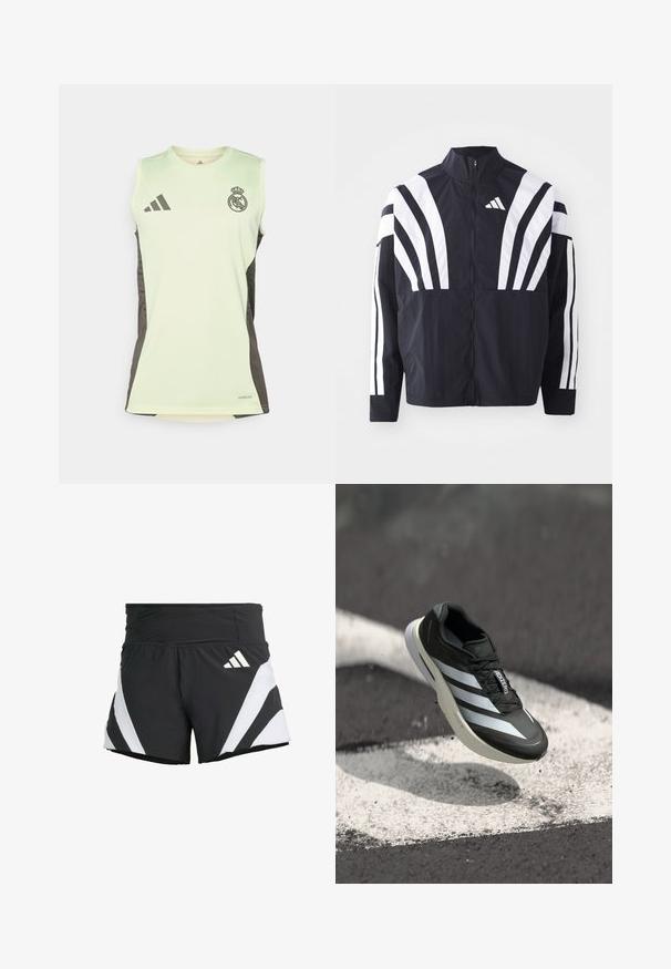 Juodas švarkas su aukštu kaklu, pilnu užtrauktuku ir ryškiomis baltomis įstrižomis juostelėmis ant rankovių. Pagamintas iš lengvos medžiagos su lygiu paviršiumi.; Šviesiai žalias be rankovių džersis su tamsiai pilkais šonų užrašais, kuriame yra "Real Madrid" emblemą ir "Adidas" logotipą, pagamintas iš drėgmę sugeriančios medžiagos.; adidas Performance ADIZERO A M - Sportiniai šortai - black; Juodų sportinių batelių dizainas su trimis baltais dryžiais, tekstūruota viršūne, elegantiška išvaizda ir išlenktu padu, padėtas virš baltos linijos ant asfalto.