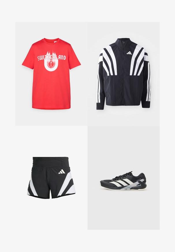 Veste noire avec un col montant, fermeture éclair sur toute la longueur et de larges rayures blanches diagonales sur les manches. Fabriquée en tissu léger avec une texture lisse.; T-shirt en coton rouge avec "SUISSE" en lettres blanches, présentant un design graphique circulaire intégrant le logo suisse. Manches courtes.; adidas Performance ADIZERO A M - Short de sport - black; Chaussure de sport noire avec des rayures blanches, tige en mesh, bout arrondi et semelle rembourrée. Comprend un talon texturé et un système de laçage sécurisé.