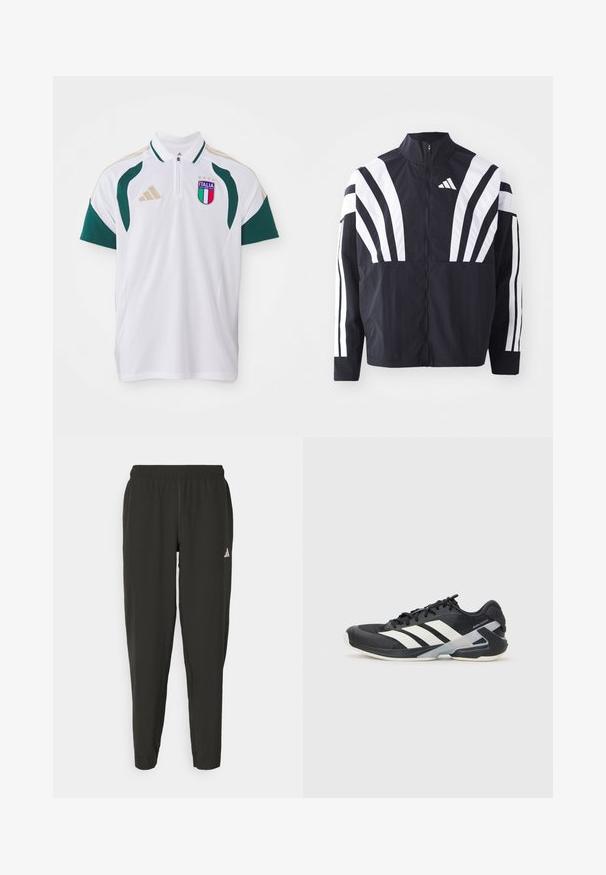 Černá bunda s vysokým límcem, plným zipem a výraznými bílými šikmými pruhy na rukávech. Vyrobena z lehké látky s hladkou texturou.; Bílá polokošile s zelenými akcenty, krátké rukávy a zipovým výstřihem. Obsahuje logo "ITALIA" a tři hvězdy nad ním. Logo adidas na rameni.; Černé sportovní kalhoty s elastickým pasem, úzkým střihem a bílým logem na levé noze. Hladká, lehká tkanina.; Černá sportovní obuv s bílými pruhy, síťovaným svrškem, zaoblenou špičkou a polstrovanou podrážkou. Obsahuje texturovanou patu a bezpečný systém šněrování.