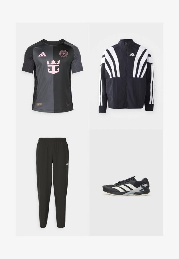 Chaqueta negra con cuello alto, cremallera completa y llamativas franjas diagonales blancas en las mangas. Fabricada en tejido ligero con una textura suave.; Jersey negra con acentos rosas, un logo de corona y el logo de Adidas. Hecho de tela ligera, tiene un cuello redondo y mangas cortas.; Pantalones deportivos negros con cinturilla elástica, ajuste Slim y logo blanco en la pierna izquierda. Tejido suave y ligero.; Zapatilla deportiva negra con franjas blancas, parte superior de malla, punta redondeada y suela acolchada. Presenta un talón texturizado y un sistema de cordones seguro.