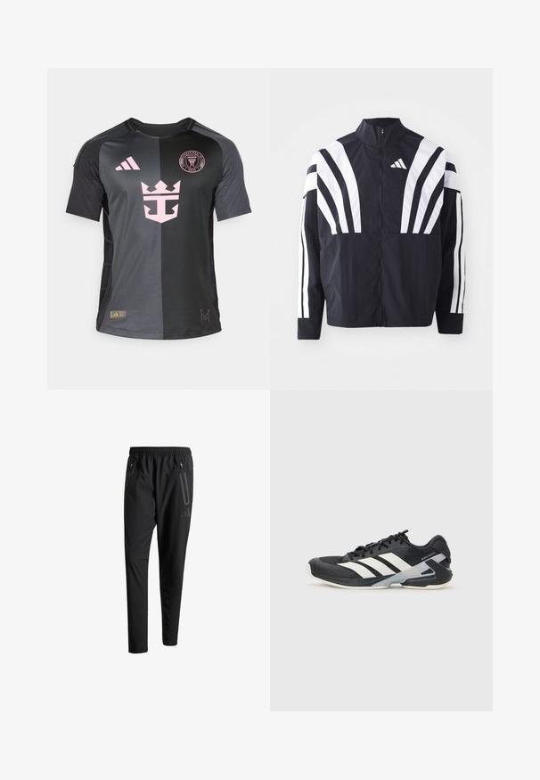 Sort jakke med højt krave, fuld lynlås og iøjnefaldende hvide diagonale striber på ærmerne. Lavet af letvægtsstof med en glat tekstur.; Sort trøje med lyserøde detaljer, et krone-logo og Adidas-logoet. Fremstillet af letvægtsstof, har den rund hals og korte ærmer.; Sorte atletiske bukser med elastisk talje, to lynlåslommer på siden, tætsiddende ben og en diskret logo-detalje på hoften.; Sort sportsko med hvide striber, mesh-overdel, rund tå og dæmpet sål. Har en tekstureret hæl og et sikkert snøresystem.