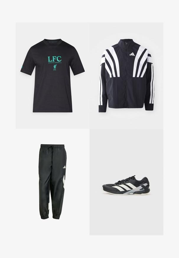 Zwarte jasje met een hoge kraag, volledige rits en gedurfde witte diagonale strepen op de mouwen. Gemaakt van lichtgewicht stof met een gladde textuur.; Zwart T-shirt met korte mouwen en turquoise "LFC"-tekst en logo, ontwerp met ronde hals, glad katoenen materiaal, met een subtiel merkembleem op de mouw.; Zwarte sportbroek met een elastische tailleband, verstelbaar trekkoord en witte zijaccenten. Gemaakt van een gladde, lichte stof.; Zwarte sportschoen met witte strepen, bovenwerk van mesh, ronde neus en geveerde zool. Heeft een getextureerde hak en een veilig vetersysteem.