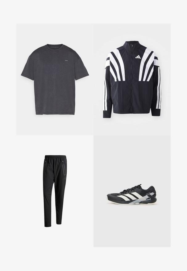 Jachetă neagră cu guler înalt, fermoar complet și dungi diagonale albe îndrăznețe pe mâneci. Fabricată dintr-un material ușor, cu o textură netedă.; Tricou scurt, de culoare gri închis, din bumbac, cu guler rotund și un mic logo pe față. Textură moale și design lejer.; Pantaloni atletici negri cu talie elastică, două buzunare laterale cu fermoar, picioare conice și un detaliu logo discret pe șold.; Pantofii sport negri cu dungi albe, superior din plasă, vârf rotunjit și talpă îmbunătățită pentru amortizare. Au o călcătură texturată și un sistem de șireturi securizat.