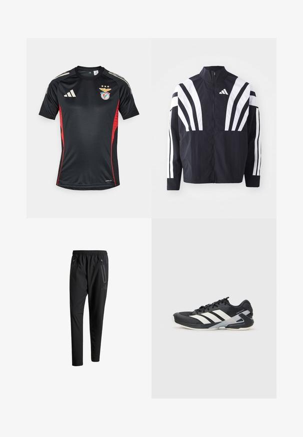 Czarna kurtka z wysokim kołnierzem, pełnym zamkiem błyskawicznym oraz wyrazistymi białymi ukośnymi paskami na rękawach. Wykonana z lekkiej tkaniny o gładkiej fakturze.; Czarny sportowy T-shirt z czerwonymi akcentami po bokach, z okrągłym dekoltem, krótkimi rękawami, logo Adidas i herbem klubu na piersi.; Czarne spodnie sportowe z elastycznym paskiem w talii, dwiema zasuwanymi kieszeniami bocznymi, zwężanymi nogawkami i subtelnym logo na biodrze.; Czarne buty sportowe z białymi paskami, siateczkowa cholewka, zaokrąglony czubek i amortyzowana podeszwa. Posiadają teksturowany obcas i pewny system sznurowania.
