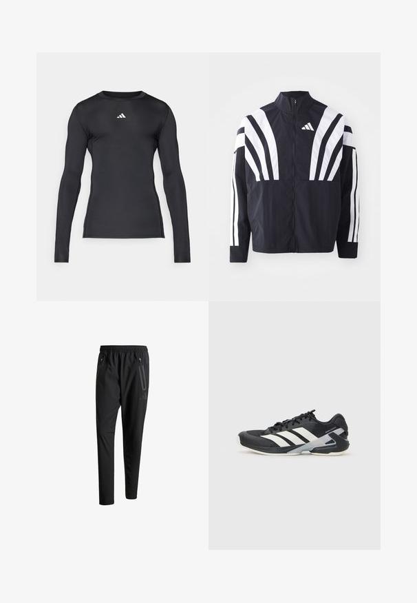 Sort jakke med højt krave, fuld lynlås og iøjnefaldende hvide diagonale striber på ærmerne. Lavet af letvægtsstof med en glat tekstur.; Sort langærmet sportstrøje lavet af glat, strækbart materiale. Har en rund halsudskæring og et diskret hvidt logo på brystet.; Sorte atletiske bukser med elastisk talje, to lynlåslommer på siden, tætsiddende ben og en diskret logo-detalje på hoften.; Sort sportsko med hvide striber, mesh-overdel, rund tå og dæmpet sål. Har en tekstureret hæl og et sikkert snøresystem.