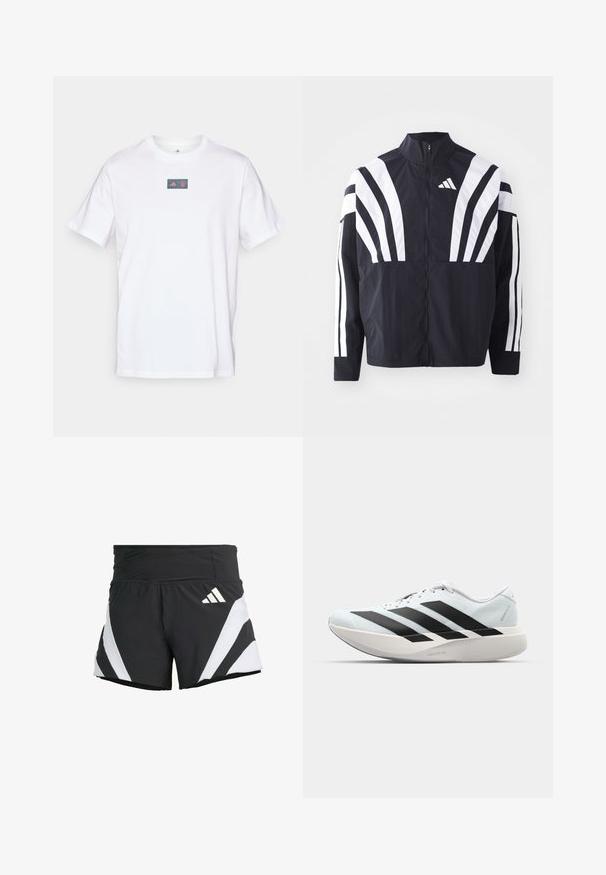 Black jacket featuring a high collar, full zip, and bold white diagonal stripes on sleeves. Made from lightweight fabric with a smooth texture.; White cotton t-shirt with a crew neck. Features a rectangular logo with a red and blue design on the chest. Short sleeves. Standard fit.; adidas Performance ADIZERO A M - Sports shorts - black; Lightweight running shoes in pale blue with black stripes. Features a smooth upper, round toe, and thick white midsole labeled "LIGHTSTRIKE PRO."