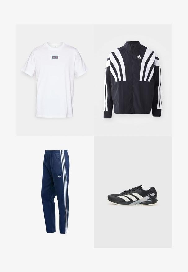 Fekete dzseki magas gallérral, teljes cipzárral és merész, fehér, átlós csíkokkal az ujjakon. Könnyű anyagból készült, sima tapintással.; Fehér pamut póló kerek nyakkivágással. Elülső részén egy vörös és kék mintájú téglalap alakú logó található. Rövid ujjak. Normál szabás.; Sötétkék melegítőnadrág puha anyagból, oldalán három fehér függőleges csíkkal és cipzáras zsebbel a jobb csípőn.; Fekete sportcipő fehér csíkokkal, hálós felsőrész, kerek orr és párnázott talp. Texturált sarokkal és biztonságos fűzőrendszerrel rendelkezik.