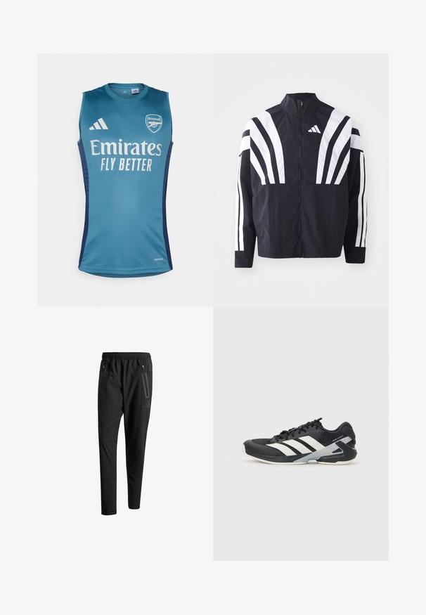 Čierna bunda s vysokým golierom, plným zipsom a výraznými bielymi diagonálnymi pruhmi na rukávoch. Vyrobená z ľahkého materiálu s hladkou textúrou.; Akvá šatôčka bez rukávov s logom Arsenalu, textom "Emirates Fly Better" a tmavomodrými bočnými akcentmi. Vyrobené z hladkej tkaniny.; Čierne športové nohavice s elastickým pásom, dvoma bočnými zipsovými vreckami, zužujúcimi sa nohavicami a nenápadným detailom loga na bokoch.; Čierna športová obuv s bielymi pruhmi, sieťovinový zvršok, zaoblená špička a polstrovaná podrážka. Obsahuje štruktúrovaný opätok a bezpečný systém šnurovania.