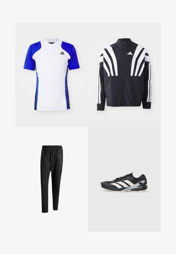 Schwarze Jacke mit hohem Kragen, durchgehendem Reißverschluss und kräftigen weißen diagonalen Streifen an den Ärmeln. Aus leichtem Stoff mit glatter Textur gefertigt.; Kurzes Sportshirt in Weiß mit blauen Ärmeln, ausgestattet mit schwarzen seitlichen Akzenten und einem kleinen schwarzen Logo auf der Brust. Glatte Stoffoberfläche.; Schwarze Sporthose mit elastischem Bund, zwei Reißverschlusstaschen an den Seiten, schmal zulaufenden Beinen und einem dezenten Logo-Detail an der Hüfte.; Schwarzer Sportschuh mit weißen Streifen, Obermaterial aus Mesh, runde Zehenform und gepolstertem Sohlenteil. Verfügt über eine strukturierte Ferse und ein sicheres Schnürsystem.