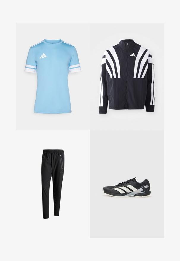 Czarna kurtka z wysokim kołnierzem, pełnym zamkiem błyskawicznym oraz wyrazistymi białymi ukośnymi paskami na rękawach. Wykonana z lekkiej tkaniny o gładkiej fakturze.; Jasnoniebieska koszulka sportowa z białymi akcentami, z krótkimi rękawami i trzema białymi paskami na ramionach. Wykonana z oddychającego materiału.; Czarne spodnie sportowe z elastycznym paskiem w talii, dwiema zasuwanymi kieszeniami bocznymi, zwężanymi nogawkami i subtelnym logo na biodrze.; Czarne buty sportowe z białymi paskami, siateczkowa cholewka, zaokrąglony czubek i amortyzowana podeszwa. Posiadają teksturowany obcas i pewny system sznurowania.