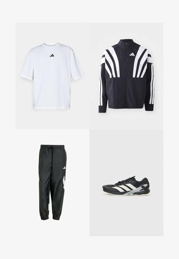 Černá bunda s vysokým límcem, plným zipem a výraznými bílými šikmými pruhy na rukávech. Vyrobena z lehké látky s hladkou texturou.; Bílá bavlněná tričko s černým logem Adidas na hrudi, krátké rukávy, kulatý výstřih a boční rozparky na lemu.; Černé sportovní kalhoty s elastickým pasem, nastavitelnou šn string a bílými bočními akcenty. Vyrobené z hladkého, lehkého materiálu.; Černá sportovní obuv s bílými pruhy, síťovaným svrškem, zaoblenou špičkou a polstrovanou podrážkou. Obsahuje texturovanou patu a bezpečný systém šněrování.