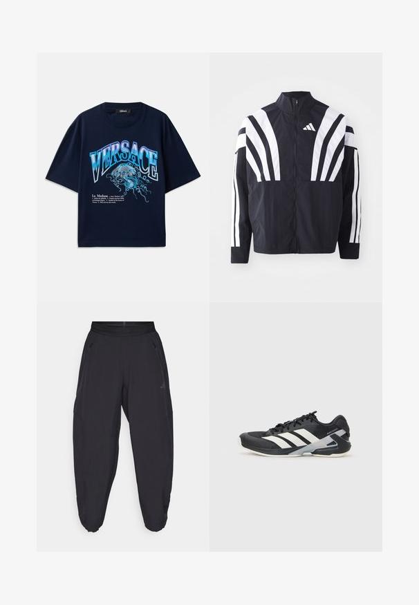 Juodas švarkas su aukštu kaklu, pilnu užtrauktuku ir ryškiomis baltomis įstrižomis juostelėmis ant rankovių. Pagamintas iš lengvos medžiagos su lygiu paviršiumi.; Tamsiai mėlynas medvilninis marškinėlis su trumpomis rankovėmis, puošiamas Medūzos grafinėmis iliustracijomis ir mėlynos bei baltos spalvos tekstu. Apvalus iškirpimas, laisvas siluetas.; Juoda sportinė kelnė su elastine juosmens juosta, užtrauktuko šoninėmis kišenėmis, siaurėjančiomis kojomis ir subtilia logotipu dešiniajame šlaunyje.; Juoda sportinė avalynė su baltais dryžiais, tinklinis viršus, apvalus pirštas ir paminkštinta padais. Yra tekstūruota kulno dalis ir saugi raištelių sistema.