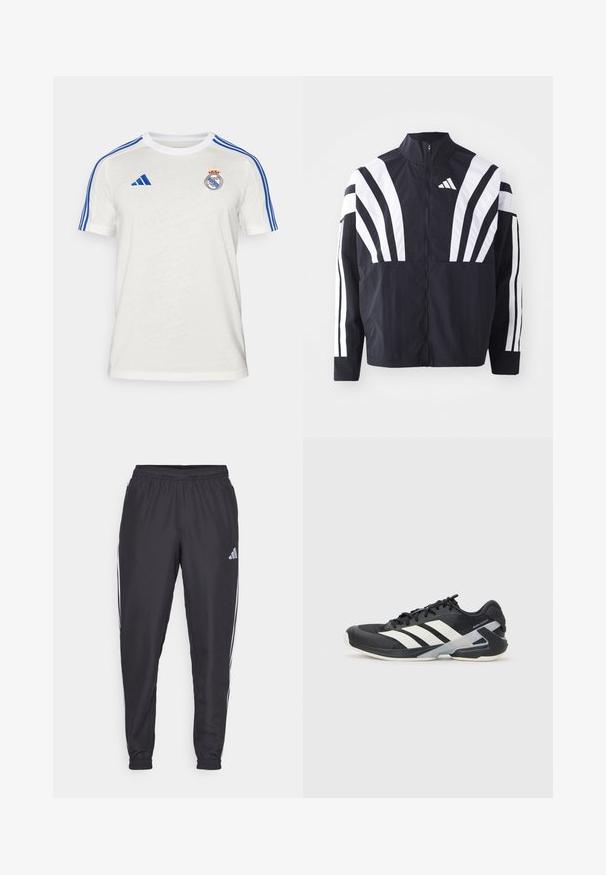 Jachetă neagră cu guler înalt, fermoar complet și dungi diagonale albe îndrăznețe pe mâneci. Fabricată dintr-un material ușor, cu o textură netedă.; Tricou alb Adidas cu dungi albastre pe umeri, logo-ul clubului brodat pe piept. Fabricat din material ușor, cu mâneci scurte.; Pantaloni atletici negri cu talie elastică, având dungi albe pe laterale și un mic logo pe șold. Textură netedă.; Pantofii sport negri cu dungi albe, superior din plasă, vârf rotunjit și talpă îmbunătățită pentru amortizare. Au o călcătură texturată și un sistem de șireturi securizat.