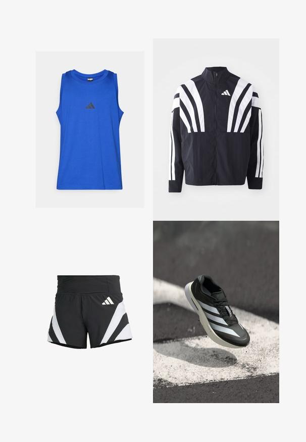 Casaco preto com colarinho alto, fecho completo e listras diagonais brancas em bold nas mangas. Feito de um tecido leve com uma textura suave.; Camisola sem mangas azul, feita de algodão, com um decote redondo. Apresenta um pequeno logótipo preto da Adidas no peito.; adidas Performance ADIZERO A M - Calções desportivos - black; Sapatilha atlética preta com três riscas brancas, upper texturizado, design elegante e sola curva, posicionada acima de uma linha branca em asfalto.