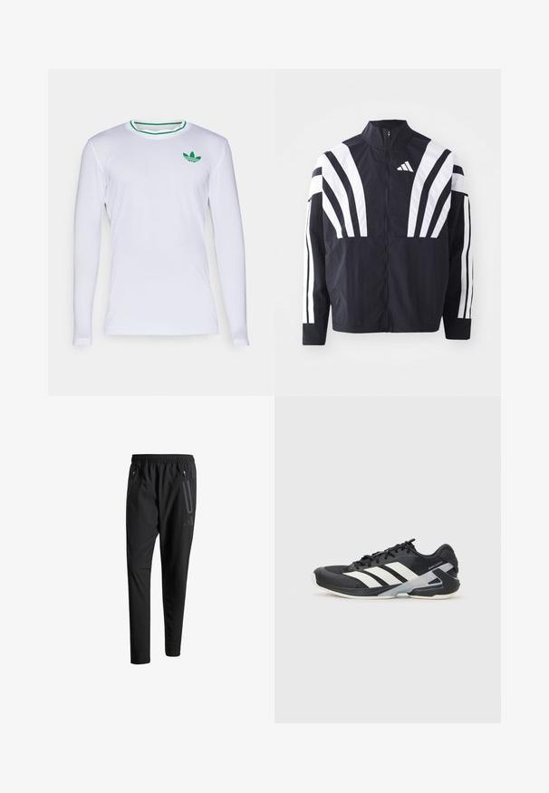 Black jacket featuring a high collar, full zip, and bold white diagonal stripes on sleeves. Made from lightweight fabric with a smooth texture.; White long-sleeve shirt made of smooth fabric, featuring a green-striped round neck and a small green Adidas logo on the left chest.; Black athletic pants with an elastic waistband, two zippered side pockets, tapered legs, and a subtle logo detail on the hip.; Black athletic shoe with white stripes, mesh upper, rounded toe, and cushioned sole. Features a textured heel and secure lacing system.