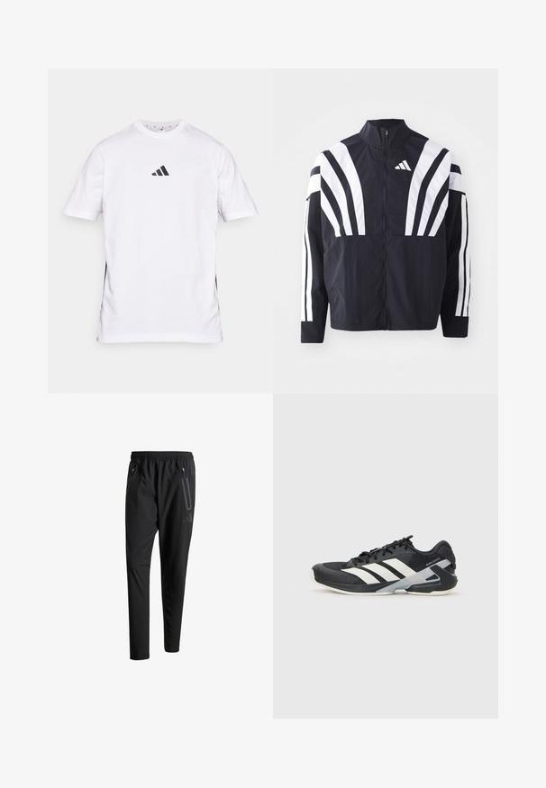 Melna jakas ar augstu apkakli, pilnu rāvējslēdzēju un drosmīgām baltām diagonālām svītrām uz piedurknēm. Izgatavota no viegla auduma ar gludu tekstūru.; Balta kokvilnas T-kreklu ar melnu Adidas logo uz krūšu, īsām piedurknēm, apaļu kakla izgriezumu un sānu atverēm komfortam.; Melni sporta bikses ar elastīgu vidukli, divām kabatām ar rāvējslēdzējiem sānos, sašaurinātām kājām un diskrētu logo detaļu uz gurniem.; Melnas sporta kurpes ar baltām svītrām, acs augšdaļa, noapaļots pirksts un mīksts zole. Iespējams ar teksturētu papēdi un drošu šņoru sistēmu.