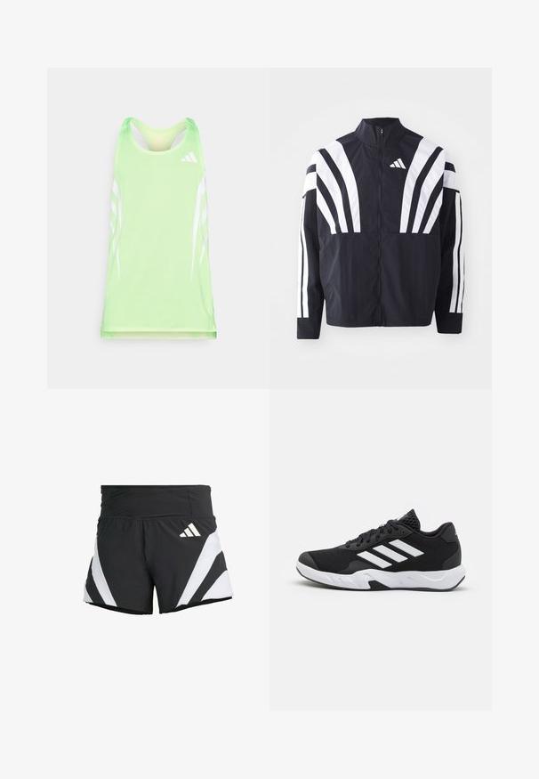 Zwarte jasje met een hoge kraag, volledige rits en gedurfde witte diagonale strepen op de mouwen. Gemaakt van lichtgewicht stof met een gladde textuur.; Groene sporttanktop van een geweven mesh stof, met witte diagonale strepen en een Adidas-logo op de bovenste rechterzijde.; adidas Performance ADIZERO A M - Korte broeken - black; Zwarte sportieve schoenen met een geperforeerde mesh bovenkant, witte accentstrepen, een gevoerde zool en een versterkte hiel voor extra ondersteuning.