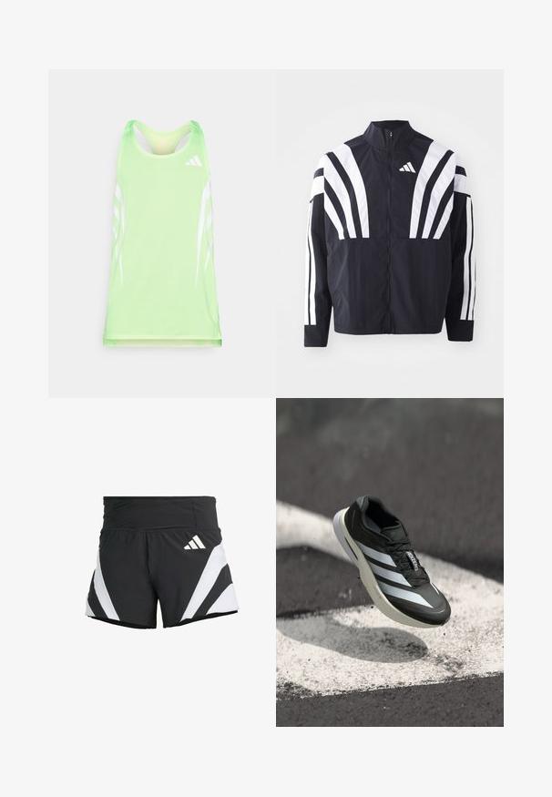Black jacket featuring a high collar, full zip, and bold white diagonal stripes on sleeves. Made from lightweight fabric with a smooth texture.; Green athletic tank top with a textured mesh fabric, featuring white diagonal stripes and an Adidas logo on the upper right side.; adidas Performance ADIZERO A  M - Sports shorts - black; Black athletic shoe featuring three white stripes, textured upper, sleek design, and a curved sole, positioned above a white line on asphalt.