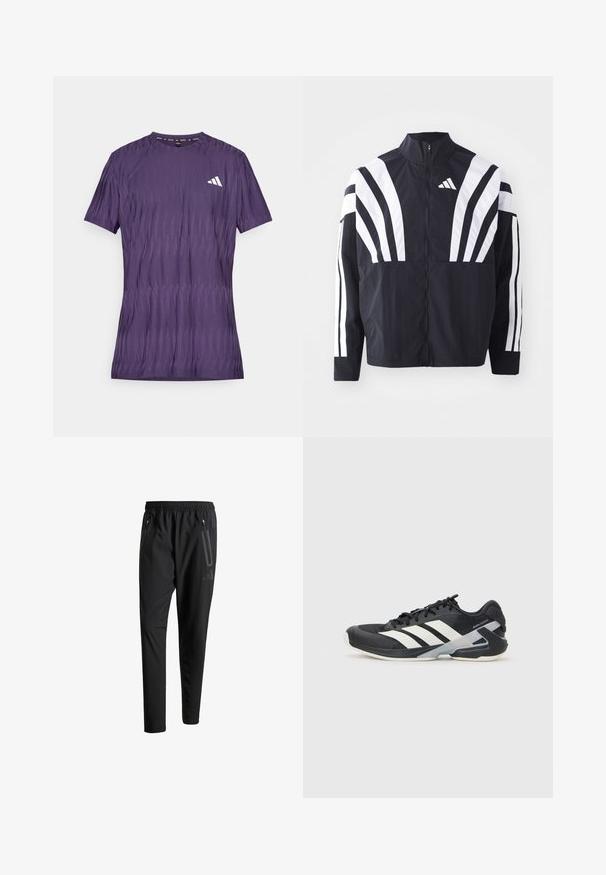 Black jacket featuring a high collar, full zip, and bold white diagonal stripes on sleeves. Made from lightweight fabric with a smooth texture.; Purple athletic t-shirt with a textured pattern, short sleeves, and a round neckline. Features a white logo on the left chest.; Black athletic pants with an elastic waistband, two zippered side pockets, tapered legs, and a subtle logo detail on the hip.; Black athletic shoe with white stripes, mesh upper, rounded toe, and cushioned sole. Features a textured heel and secure lacing system.