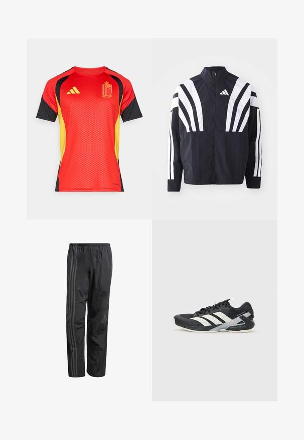 Casaco preto com colarinho alto, fecho completo e listras diagonais brancas em bold nas mangas. Feito de um tecido leve com uma textura suave.; Camiseta vermelha de manga curta com detalhes em preto e amarelo, apresentando um padrão texturizado, marca Adidas e um emblema central.; Calças de desporto pretas feitas de um material leve e texturizado, com um corte solto, cintura elástica e três riscas verticais cinzentas nas laterais.; Sapata atlética preta com riscas brancas, parte superior em malha, biqueira arredondada e sola acolchoada. Apresenta um calcanhar texturizado e um sistema de atacadores seguro.