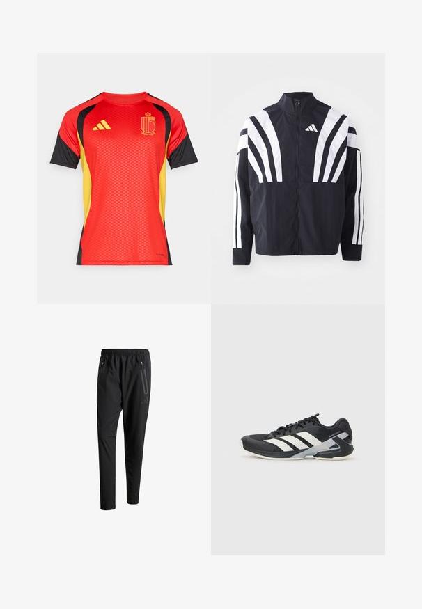 Zwarte jasje met een hoge kraag, volledige rits en gedurfde witte diagonale strepen op de mouwen. Gemaakt van lichtgewicht stof met een gladde textuur.; Rode T-shirt met korte mouwen, voorzien van zwarte en gele accenten, met een textuurpatroon, Adidas-logo en een centraal embleem.; Zwarte sportbroeken met een elastische tailleband, twee ritszakken aan de zijkant, taps toelopende pijpen en een subtiele logo-detail op de heup.; Zwarte sportschoen met witte strepen, bovenwerk van mesh, ronde neus en geveerde zool. Heeft een getextureerde hak en een veilig vetersysteem.