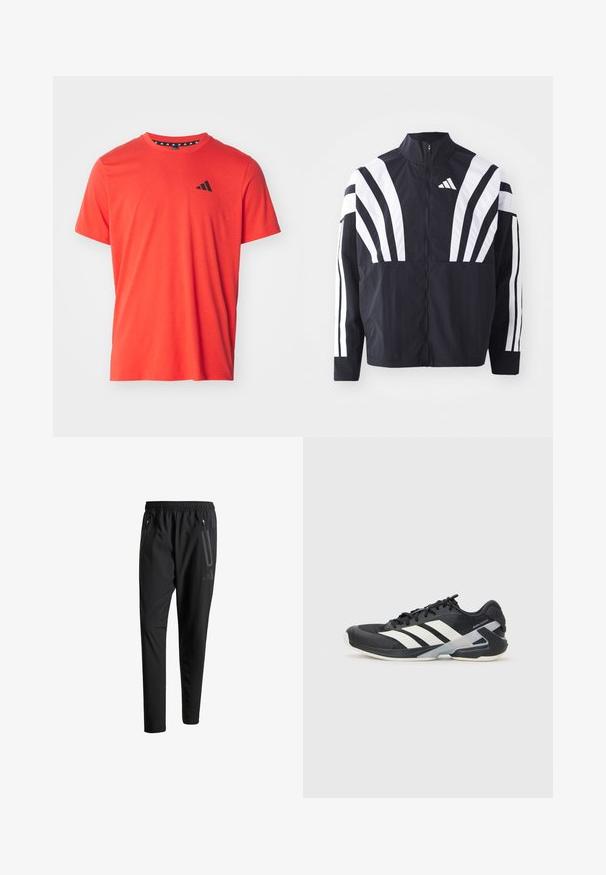 Chaqueta negra con cuello alto, cremallera completa y llamativas franjas diagonales blancas en las mangas. Fabricada en tejido ligero con una textura suave.; adidas Performance TR-ES FR T - Camiseta deportiva - bright red/black; Pantalones deportivos negros con una cintura elástica, dos bolsillos laterales con cremallera, piernas ajustadas y un discreto detalle de logo en la cadera.; Zapatilla deportiva negra con franjas blancas, parte superior de malla, punta redondeada y suela acolchada. Presenta un talón texturizado y un sistema de cordones seguro.