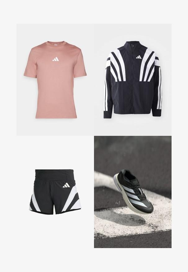 Crna jakna s visokim ovratnikom, punim patentnim zatvaračem i hrabrim bijelim dijagonalnim prugama na rukavima. Izrađena je od lagane tkanine s glatkom teksturom.; Svijetlopinkasta atletska majica kratkih rukava s okruglim izrezom i bijelim Adidas logotipom u gornjem lijevom kutu. Mekana tkanina.; adidas Performance ADIZERO A M - Sportske kratke hlače - black; Crne atletske cipele s tri bijele pruge, strukturiranim gornjim dijelom, elegantnim dizajnom i zakrivljenim đonom, postavljene iznad bijele crte na asfaltu.