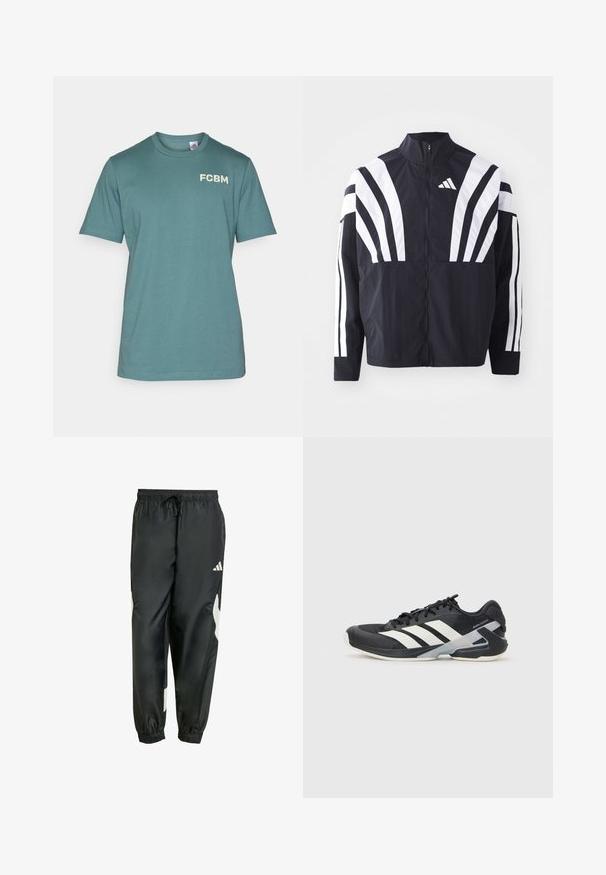 Zwarte jasje met een hoge kraag, volledige rits en gedurfde witte diagonale strepen op de mouwen. Gemaakt van lichtgewicht stof met een gladde textuur.; adidas Performance FC BAYERN M�NCHEN SZN TEE - T-shirt basic - hazy emerald; Zwarte sportbroek met een elastische tailleband, verstelbaar trekkoord en witte zijaccenten. Gemaakt van een gladde, lichte stof.; Zwarte sportschoen met witte strepen, bovenwerk van mesh, ronde neus en geveerde zool. Heeft een getextureerde hak en een veilig vetersysteem.