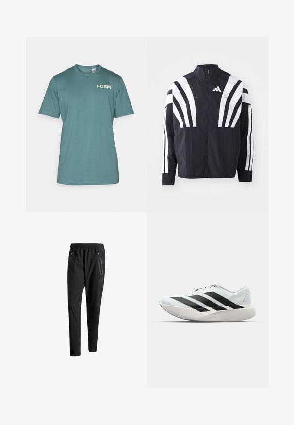 Černá bunda s vysokým límcem, plným zipem a výraznými bílými šikmými pruhy na rukávech. Vyrobena z lehké látky s hladkou texturou.; adidas Performance FC BAYERN M�NCHEN SZN TEE - Jednoduché tričko - hazy emerald; Černé sportovní kalhoty s elastickým pasem, dvěma zipovými bočními kapsami, zúženými nohavicemi a decentním logem na boku.; Lehké běžecké boty v světle modré barvě s černými pruhy. Mají hladký svršek, kulatou špičku a silnou bílou mezipodešev označenou "LIGHTSTRIKE PRO."