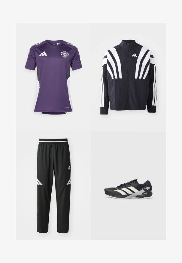 Fekete dzseki magas gallérral, teljes cipzárral és merész, fehér, átlós csíkokkal az ujjakon. Könnyű anyagból készült, sima tapintással.; Lila Manchester United mez rövid ujjal, Adidas logóval és fehér oldalsó panelek kiemelésével. Nedvességelvezető anyagból készült.; Fekete Adidas kosárlabdanadrág fehér csíkkal a combokon, valamint fekete-fehér mintázatú elasztikus derékkal.; Fekete sportcipő fehér csíkokkal, hálós felsőrész, kerek orr és párnázott talp. Texturált sarokkal és biztonságos fűzőrendszerrel rendelkezik.