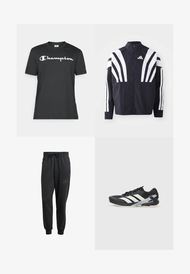 Crna jakna s visokim ovratnikom, punim patentnim zatvaračem i hrabrim bijelim dijagonalnim prugama na rukavima. Izrađena je od lagane tkanine s glatkom teksturom.; Crna pamučna majica s kratkim rukavima i okruglim izrezom. Ima bijeli otisak "Champion" loga preko prsa.; Crne trenirke s elastičnim pojasom, zatvaranjem na vezicu, bočnim patentnim džepovima i diskretnim logom otisnutim na lijevom bedru.; Crne atletske cipele s bijelim prugama, mrežasta gornja strana, zaobljeni prst i podstavljeni đon. Imaju teksturiranu petu i siguran sustav vezivanja.