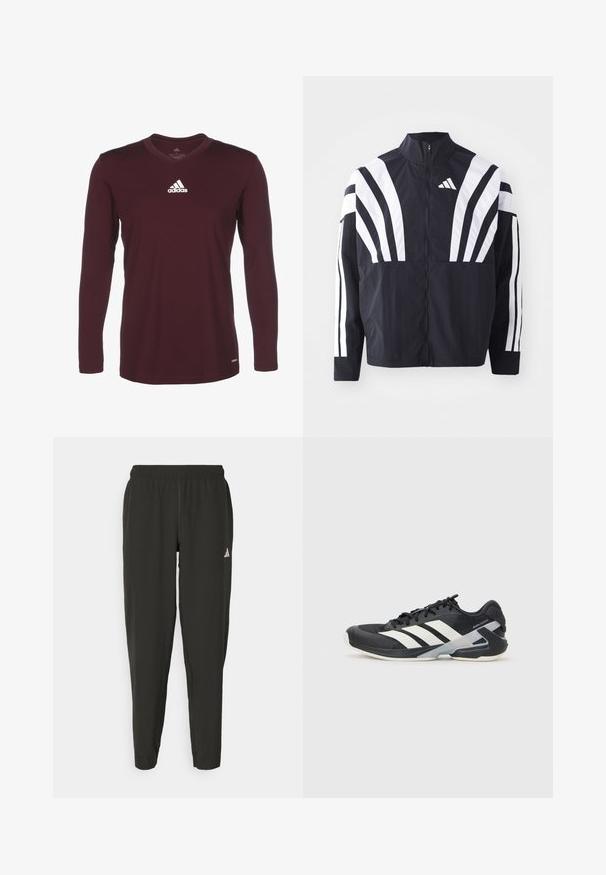 Zwarte jasje met een hoge kraag, volledige rits en gedurfde witte diagonale strepen op de mouwen. Gemaakt van lichtgewicht stof met een gladde textuur.; Bordeaux langemouwen shirt met een V-halsontwerp. Heeft het Adidas-logo in het wit op de bovenste linkerborst. Gladde stofstructuur.; Zwarte sportbroek met een elastische tailleband, slim fit en een wit logo op het linkerbeen. Soepele, lichte stof.; Zwarte sportschoen met witte strepen, bovenwerk van mesh, ronde neus en geveerde zool. Heeft een getextureerde hak en een veilig vetersysteem.