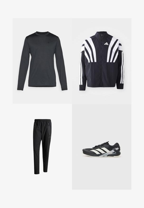 Melna jakas ar augstu apkakli, pilnu rāvējslēdzēju un drosmīgām baltām diagonālām svītrām uz piedurknēm. Izgatavota no viegla auduma ar gludu tekstūru.; Tumšas pelēkas krāsas garām piedurknēm krekls, ar klasisko apkakli un smalku logotipa detaļu. Gluda tekstūra ar pieguļošu formu.; Melni sporta bikses ar elastīgu vidukli, divām kabatām ar rāvējslēdzējiem sānos, sašaurinātām kājām un diskrētu logo detaļu uz gurniem.; Melnas sporta kurpes ar baltām svītrām, acs augšdaļa, noapaļots pirksts un mīksts zole. Iespējams ar teksturētu papēdi un drošu šņoru sistēmu.