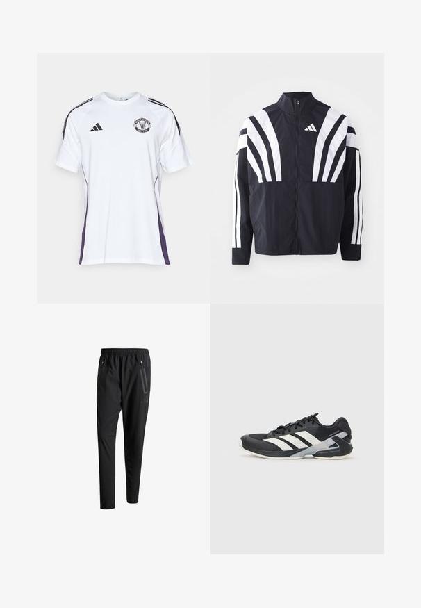 Juodas švarkas su aukštu kaklu, pilnu užtrauktuku ir ryškiomis baltomis įstrižomis juostelėmis ant rankovių. Pagamintas iš lengvos medžiagos su lygiu paviršiumi.; Balta trumpomis rankovėmis sportinė marškinė su juodais ir purpuriniais šonų akcentais, turinti „Manchester United“ logotipą ir tris juodas juosteles ant pečių.; Juodi sportiniai šortai su elastiniu juosmeniu, dviem užtrauktukais šoniniais kišenėmis, siaurėjančiomis kojomis ir subtiliu logotipo detaliu ant klubo.; Juoda sportinė avalynė su baltais dryžiais, tinklinis viršus, apvalus pirštas ir paminkštinta padais. Yra tekstūruota kulno dalis ir saugi raištelių sistema.