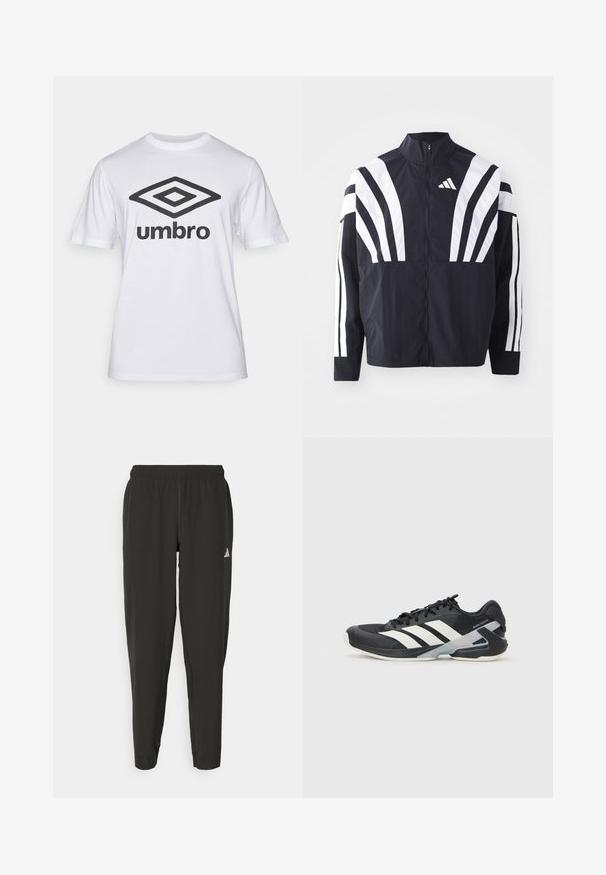 Svart jakke med høy krage, hel glidelås og markante hvite skråstriper på ermene. Laget av lett stoff med en glatt tekstur.; Hvit bomulls T-skjorte med et stort svart "Umbro"-logo og en diamantgrafikk på forsiden. Korte ermer, rund hals, klassisk passform.; Svarte treningbukser med elastisk midje, slim fit, og hvit logo på venstre bein. Glatt, lett stoff.; Svart treningssko med hvite striper, mesh-overdel, avrundet tå og polstret såle. Har en teksturert hæl og et sikkert snøresystem.