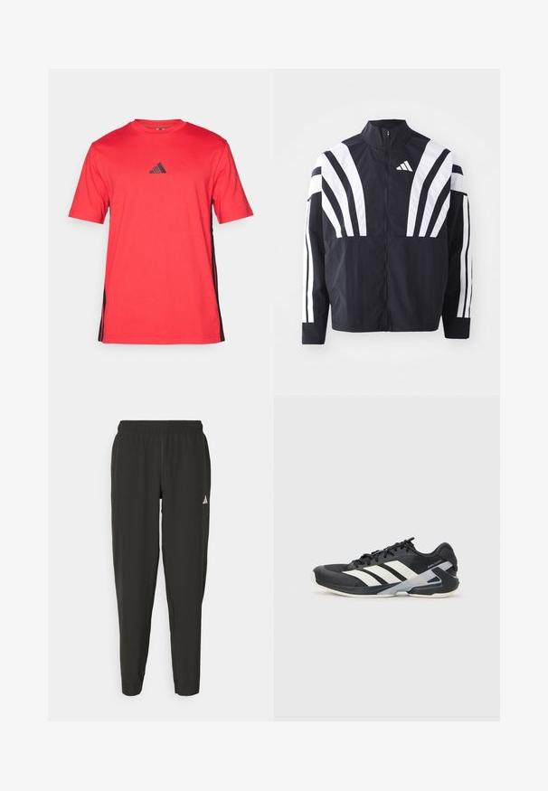 Black jacket featuring a high collar, full zip, and bold white diagonal stripes on sleeves. Made from lightweight fabric with a smooth texture.; Red short-sleeve t-shirt with round neck, featuring a black Adidas logo on the chest and black side stripes. Made from soft fabric.; Black athletic pants with an elastic waistband, slim fit, and white logo on the left leg. Smooth, lightweight fabric.; Black athletic shoe with white stripes, mesh upper, rounded toe, and cushioned sole. Features a textured heel and secure lacing system.