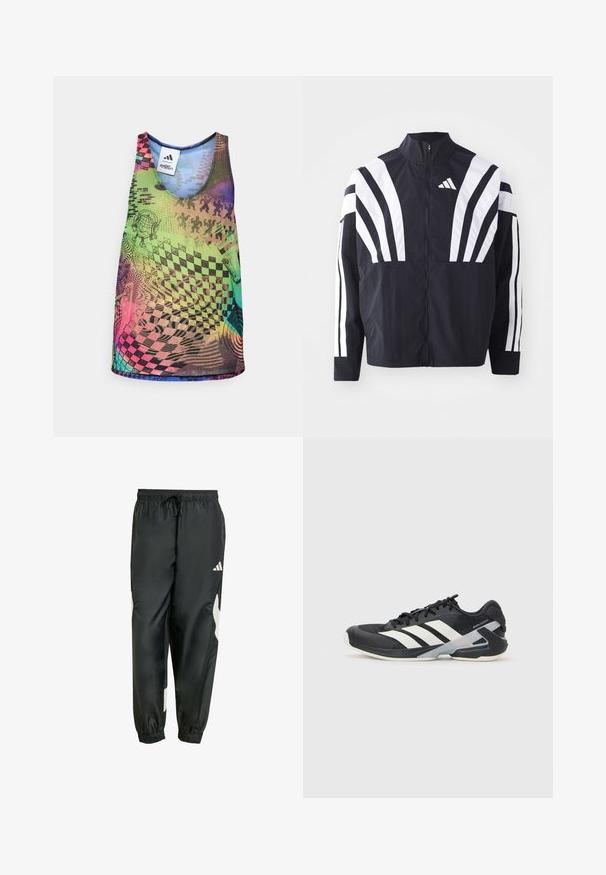 Black jacket featuring a high collar, full zip, and bold white diagonal stripes on sleeves. Made from lightweight fabric with a smooth texture.; Multicolored tank top featuring vibrant geometric patterns, including checkerboards and swirls, in shades of green, pink, blue, and purple.; Black athletic trousers with an elastic waistband, adjustable drawstring, and white side accents. Made of smooth, lightweight material.; Black athletic shoe with white stripes, mesh upper, rounded toe, and cushioned sole. Features a textured heel and secure lacing system.