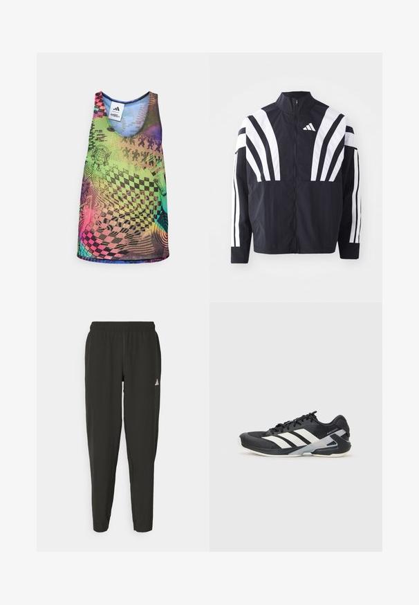 Juodas švarkas su aukštu kaklu, pilnu užtrauktuku ir ryškiomis baltomis įstrižomis juostelėmis ant rankovių. Pagamintas iš lengvos medžiagos su lygiu paviršiumi.; Daugiaspalvė liemenėlė su ryškiais geometriniais raštais, įskaitant šachmatų lentelės ir spiralės, žalios, rožinės, mėlynos ir violetinės spalvos atspalvių.; Juodos sportinės kelnės su elastingu liemeniu, siauro kirpimo, baltu logotipu kairėje kojoje. Lygus, lengvas audinys.; Juoda sportinė avalynė su baltais dryžiais, tinklinis viršus, apvalus pirštas ir paminkštinta padais. Yra tekstūruota kulno dalis ir saugi raištelių sistema.