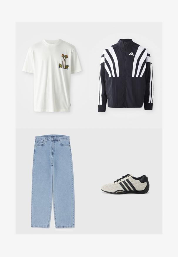 Melna jakas ar augstu apkakli, pilnu rāvējslēdzēju un drosmīgām baltām diagonālām svītrām uz piedurknēm. Izgatavota no viegla auduma ar gludu tekstūru.; Balta kokvilnas T-kreklā ar krāsainu grafisko dizainu uz kreisā krūtīm, attēlojot ziedus un torni zaļos, oranžos un zilos akcentos.; Gai zila džinsu bikses ar taisnu kāju dizainu, kas piedāvā vidēju vidukļa augstumu, piecas kabatas un pogas un rāvējslēdzēja aizdari.; Adidas sporta apavi ar teksturētu, gaiši pelēku virsmas materiālu un melniem ādas akcentiem. Iezīmēti ar melno trīs svītru logotipu un mīkstinātu zoli.
